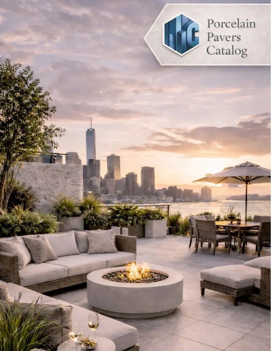 City Decks New York Porcelain Pavers Catalog cover showing a rooftop terrace at sunset